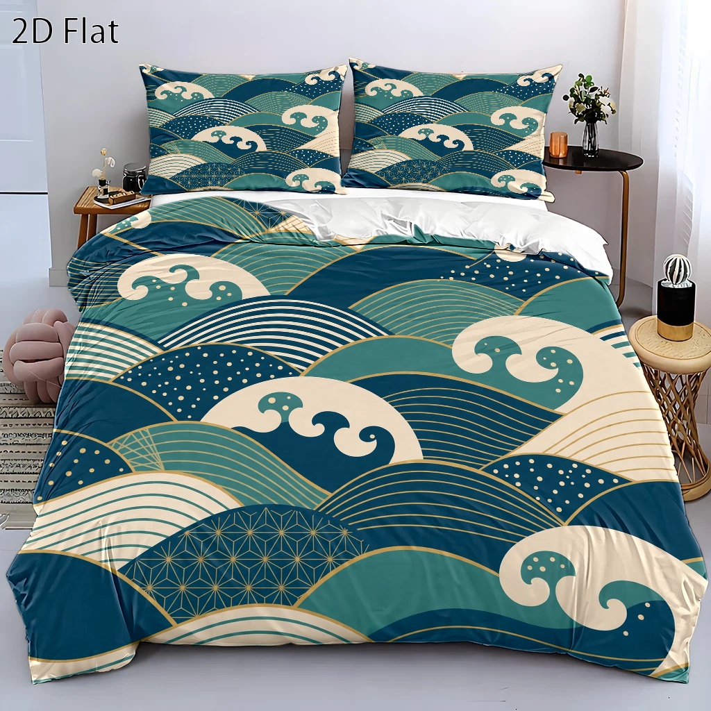Luxury Skincare Design - 3-Piece Japanese-Style Wave Pattern Duvet Cover